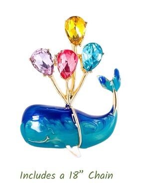 Blue Whale Brooch with Multicolor Gem Balloons